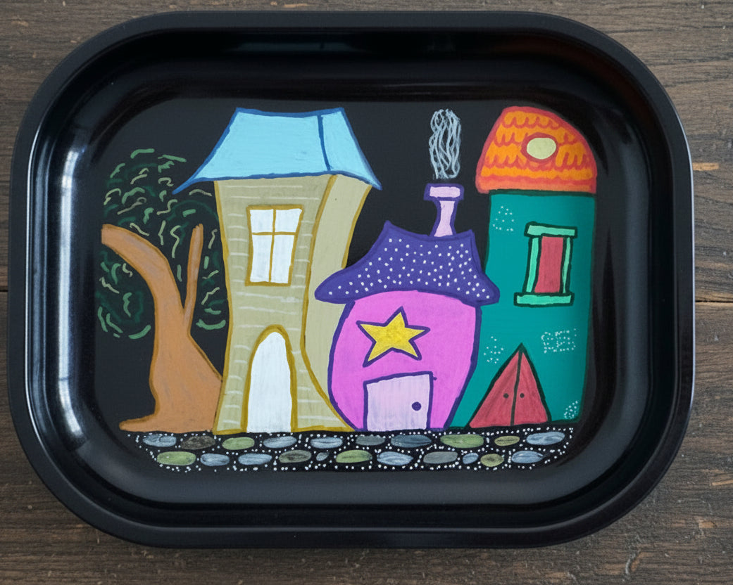 "Whimsical Village" Hand-Painted Metal Rolling Tray (1-of-1)