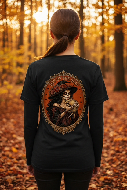 Day of the Dead long sleeve tee back print lifestyle photo with girl in ponytail and autumn background