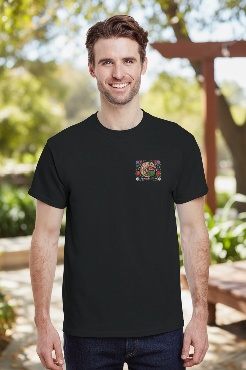 Built for the Bold Folk Art Armadillo Tee - lifestyle front view on model, black shirt with chest print