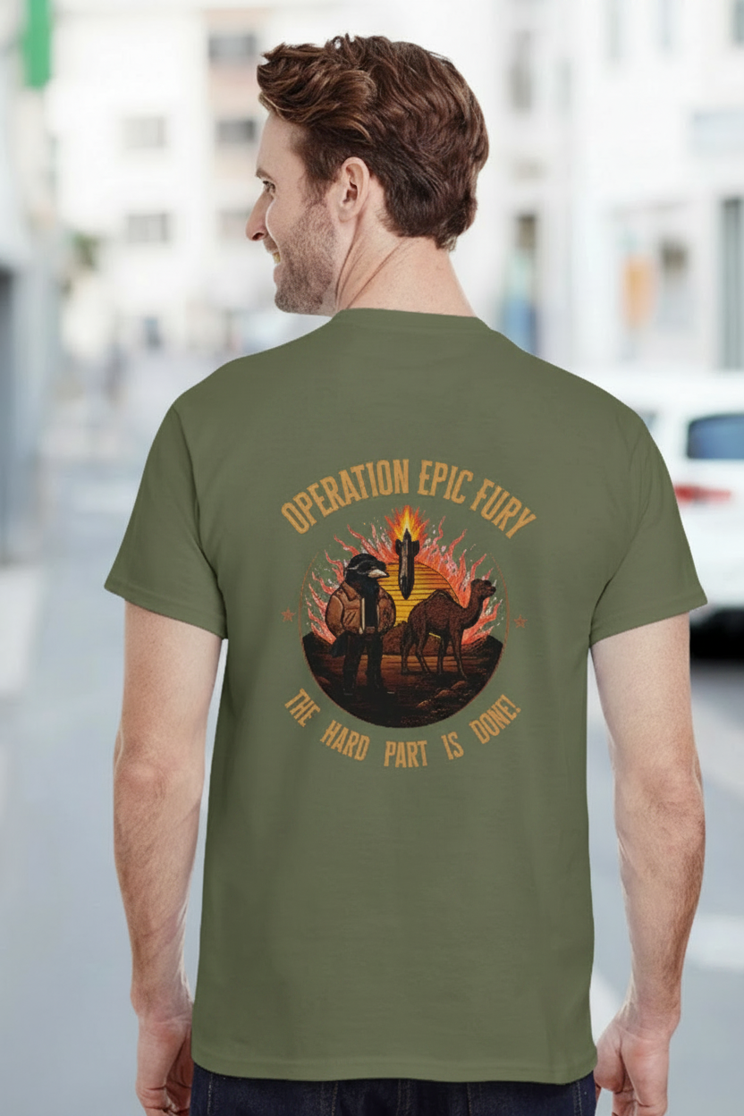 Operation Epic Fury Tee - Military Green - Back lifestyle shot