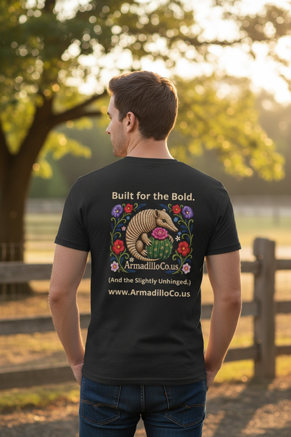 Built for the Bold Folk Art Armadillo Tee - lifestyle back view on model, dark heather grey shirt showing full graphic