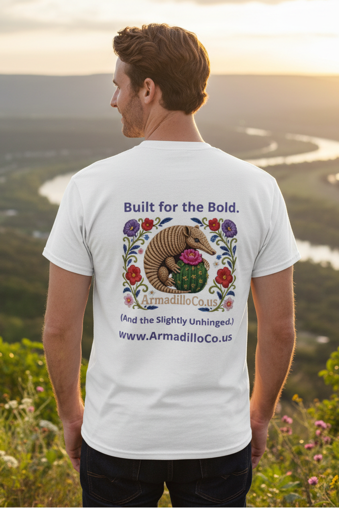 Built for the Bold Folk Art Armadillo Tee - lifestyle back view showing full graphic print