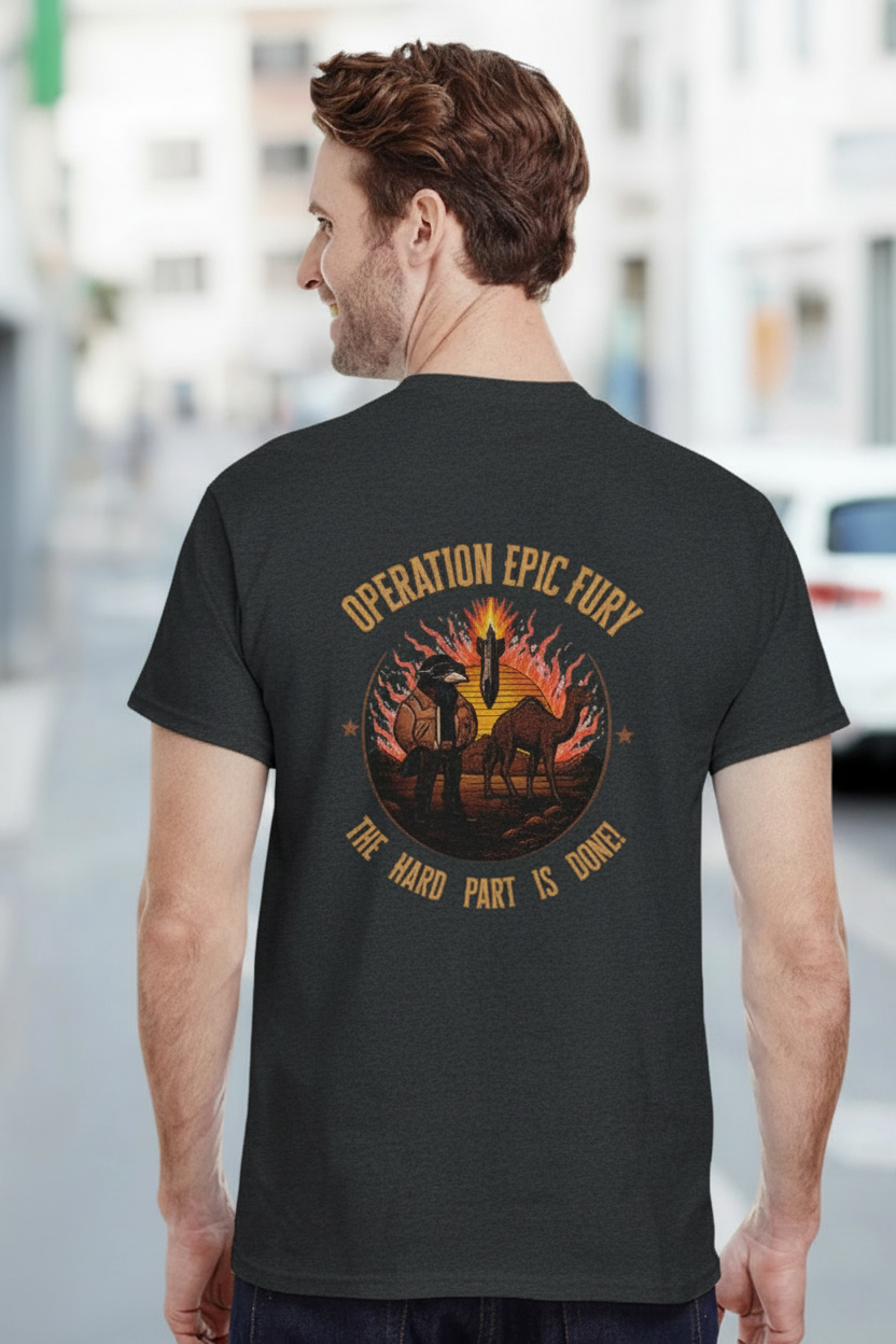 Operation Epic Fury Tee - Dark Heather - Back lifestyle shot