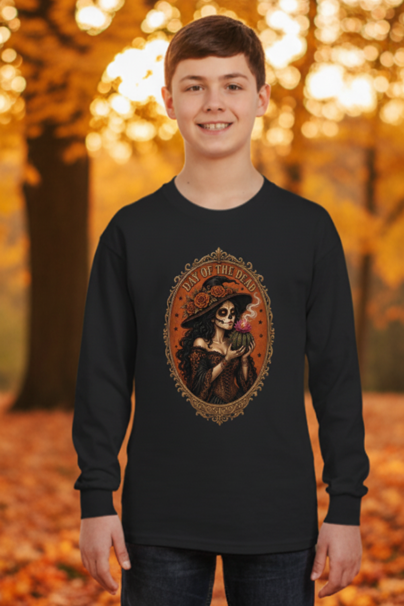Day of the Dead long sleeve tee lifestyle hero photo with clear print and autumn background