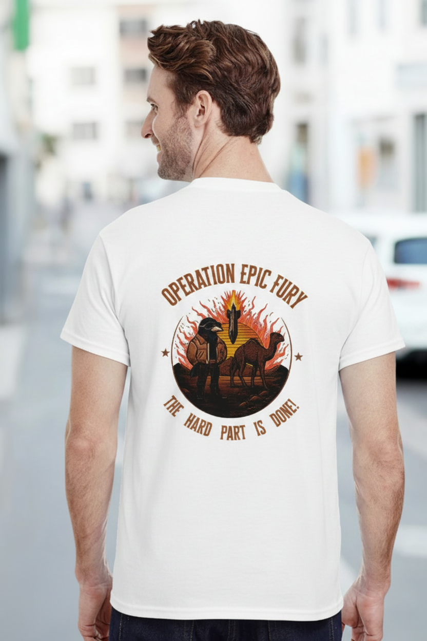 Operation Epic Fury Tee - White - Back lifestyle shot