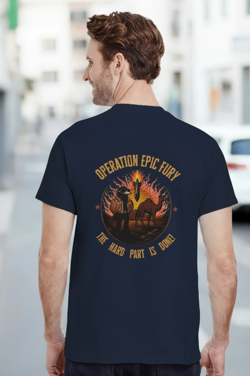 Operation Epic Fury Tee - Navy - Back lifestyle shot