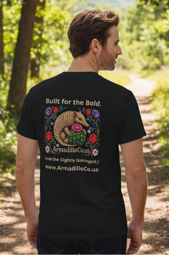 Built for the Bold Folk Art Armadillo Tee - lifestyle back view on model, black shirt showing full graphic