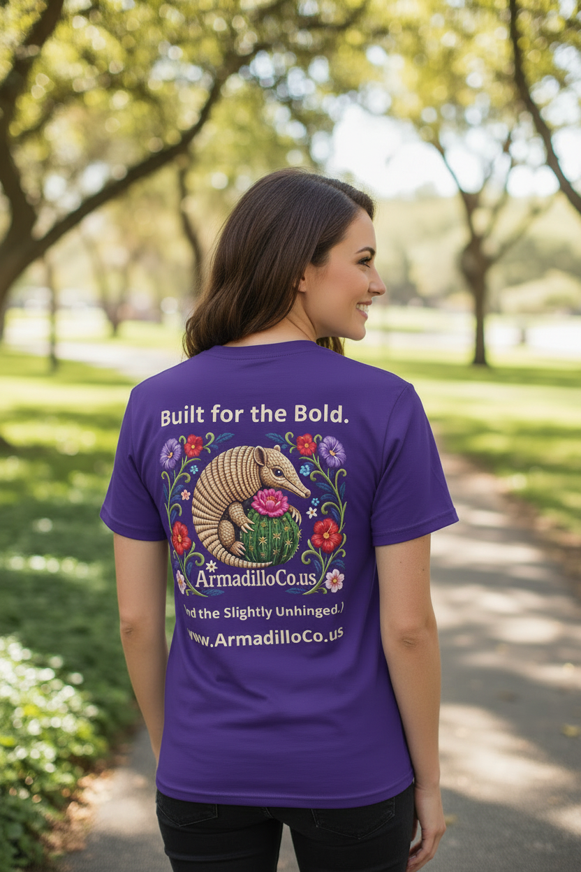 Built for the Bold Folk Art Armadillo Tee - lifestyle back view on female model, purple shirt showing full folk art graphic